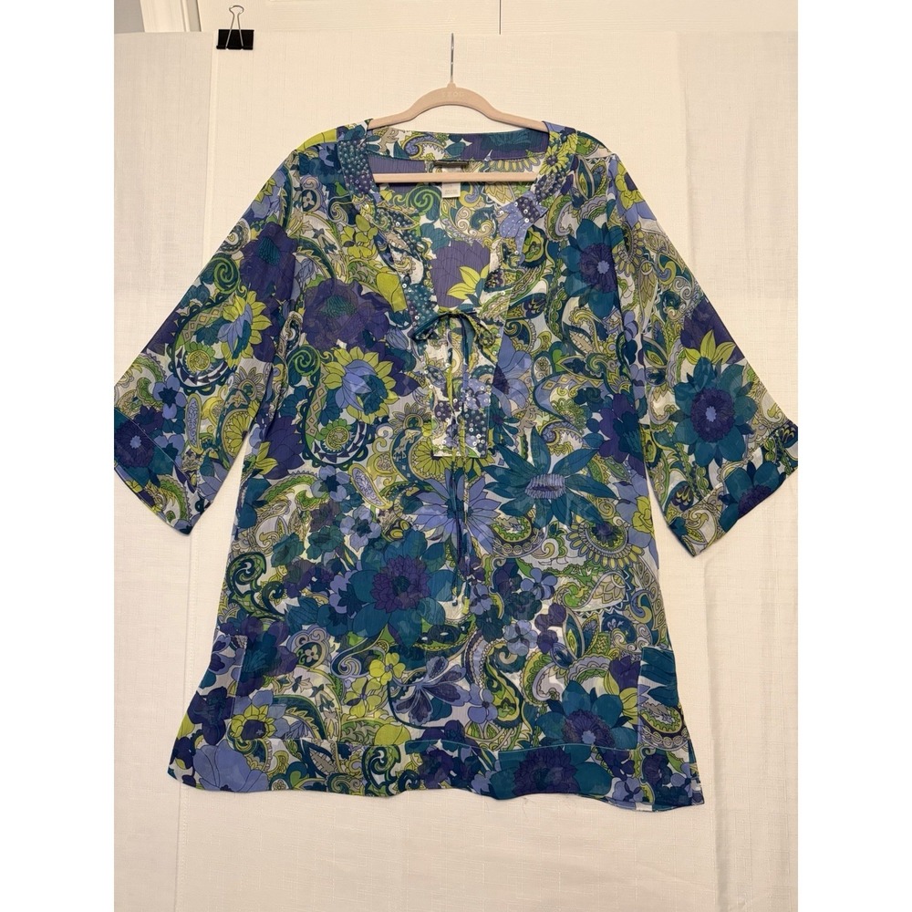 Tommy Bahama Paisley Floral Tunic Swim cover-up Med. Resort Beads Sequin Lace-Up
